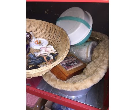 A dog basket complete with a picnic set, pottery  ornaments, boxed hip flask set etc 