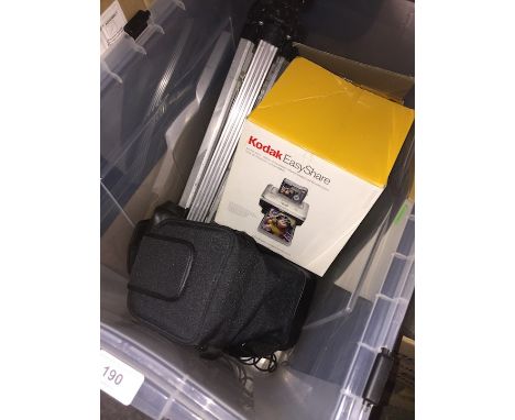 A box of camera items, tripod, Kodak easy share printer etc 
