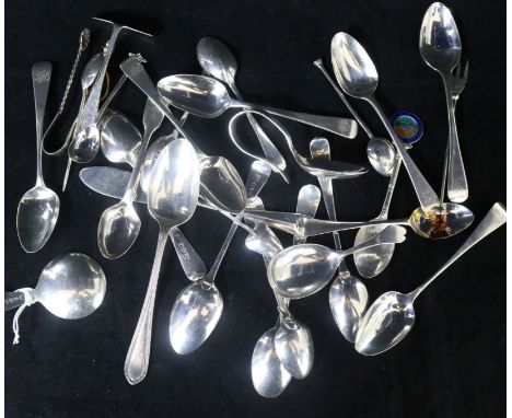 A small quantity of assorted Georgian and later teaspoons and other flatware including a Georgian silver caddy spoon and an A