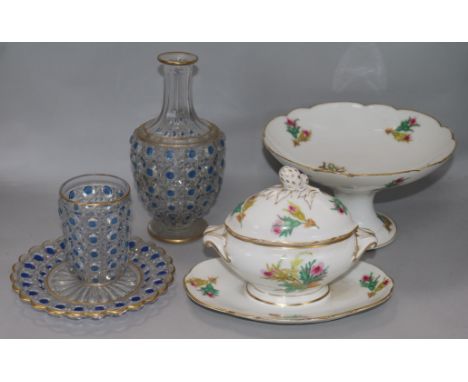 A Baccarat moulded glass decanter, beaker and dish, a Paris porcelain sauce tureen and a comport
