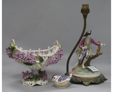 A German porcelain floral encrusted table centre, lamp base and wren H.5-29cm