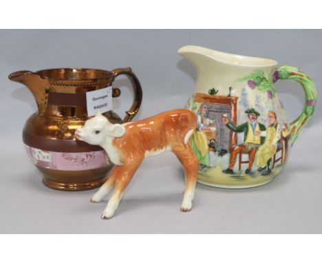 A Beswick model of a calf and a Staffordshire musical pottery jug and a lustre jug