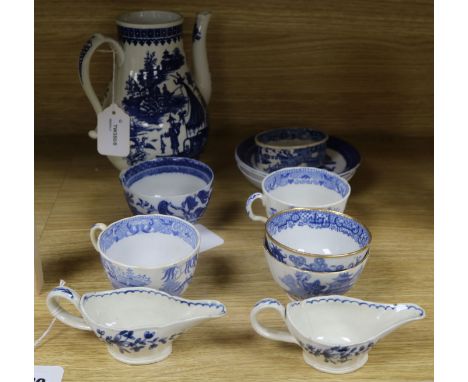 A near pair of 18th century blue and white cream boats, a similar Fisherman and Cormorant pattern coffee pot, Caughley or Wor