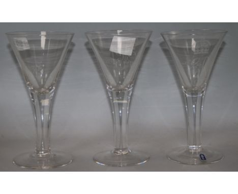 Three Whitefriars commemorative coronation glasses for Edward VIII, George VI and Elizabeth II 20-20.5cm