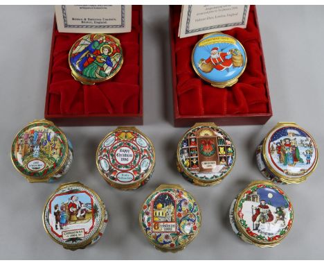 Nine Halcyon Days enamel Christmas boxes, 1990-1999 (ex 1995, two boxed.