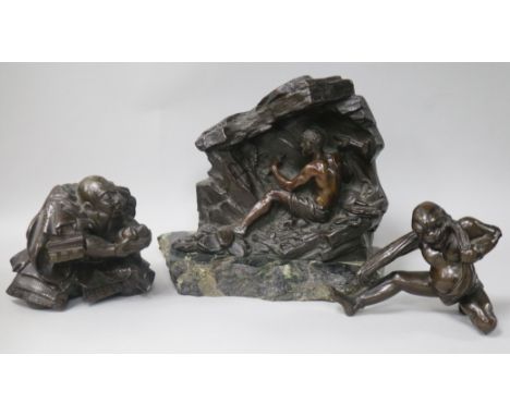A bronze figure of a miner and two Japanese bronze figures H 8cm-14.5cm