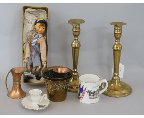 A pair of 18th century brass candlesticks and sundries, including an Aynsley 1919 'Peace' mug and a Picot puppet