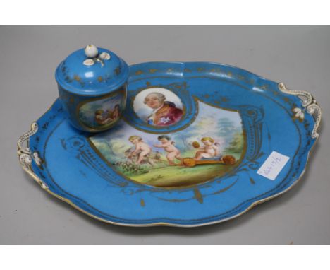 A Sevres style bleu celeste tray and sucrier tray 42cm