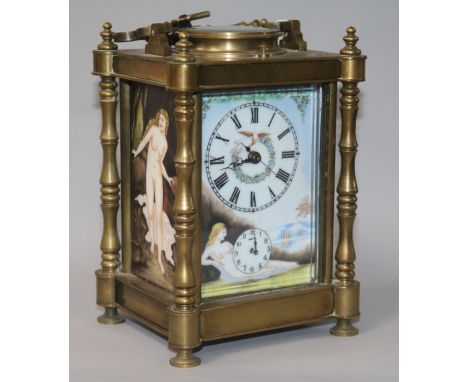 An enamel and brass carriage clock H.17cm