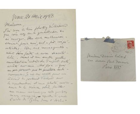 Henri Matisse (French, 1869-1954), a signed letter, dated 21 April 1948, addressed to the photographer Denise Colomb, discuss