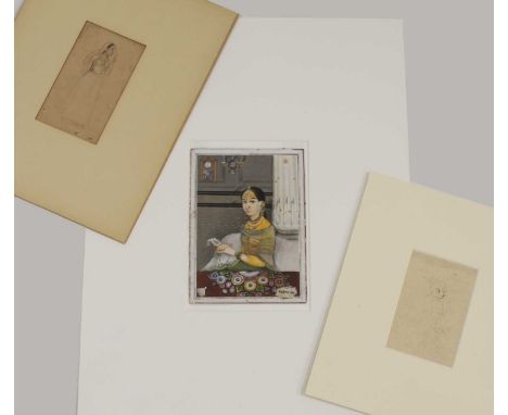 A group of three Indian drawings, a 'Study of a Courtesan', Bikaner, early 18th century,15 x 9cm,'Portrait of a Courtesan in 