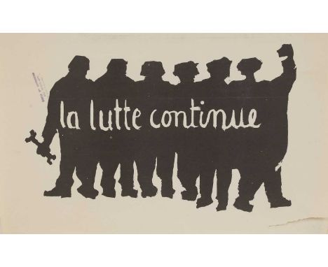 A 1968 Paris student riots poster, a screenprint poster, the text translated from the French reads 'The fight continues', pri