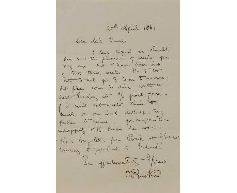 John Ruskin (1819-1900), a group of six signed letters, recipients include Miss Barnes, Mr Acland, Mr Stanfield, and Mr Lupto