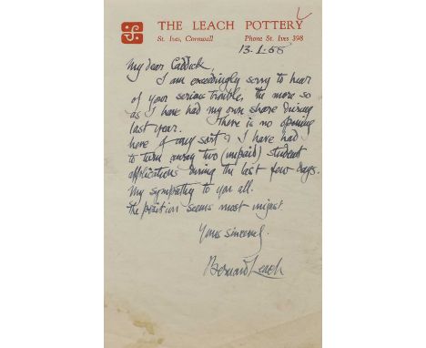 A series of letters from Bernard Leach (1887-1979), seven letters to the poet Arthur Caddick, 1955-68, to include signed exam