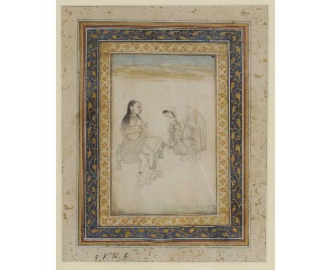 An Indian drawing of a lady bathing, late 17th century, depicting a lady bathing attended by a handmaiden, brush drawing on p