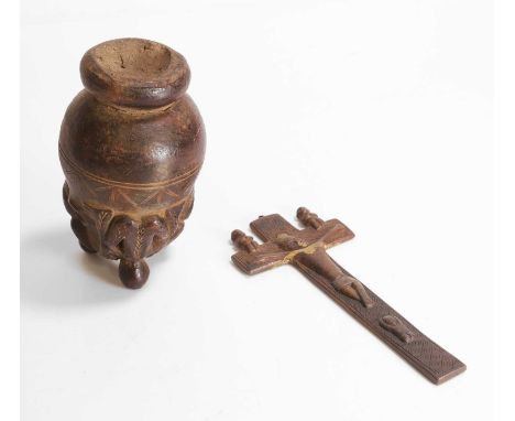 Two African tribal objects, comprising:a Congolese brass crucifix, possibly 19th century and later, with figures in low relie