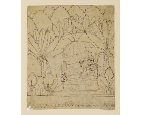 A collection of three Indian drawings, 'Krishna &amp; Radha Making Love in a Forest', Kotah School, India, 2nd quarter of the
