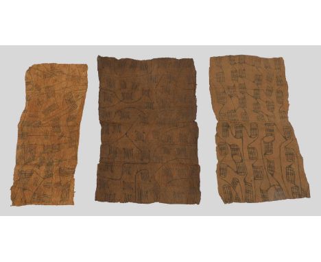 A group of six African bark cloths, 20th century, Democratic Republic of the Congo, Mbuti, each painted with monochrome geome