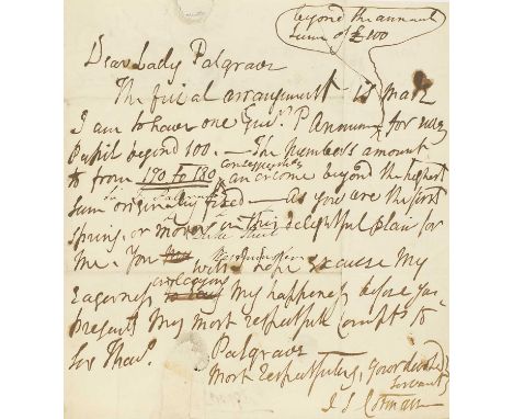 John Sell Cotman (1782-1842), a signed letter to Lady Francis Palgrave, announcing that he is to be paid a guinea per annum p