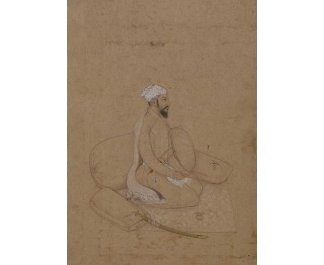 Attributed to Hajji Muhammad Husayn, c.1677-1678, depicting a seated nobleman, armed with a dagger and a sword in the foregro