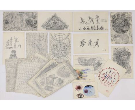 A collection of Czech Art Brut-style drawings, c.1960s, in watercolour and pencil, some examples signed and dated,largest 21 