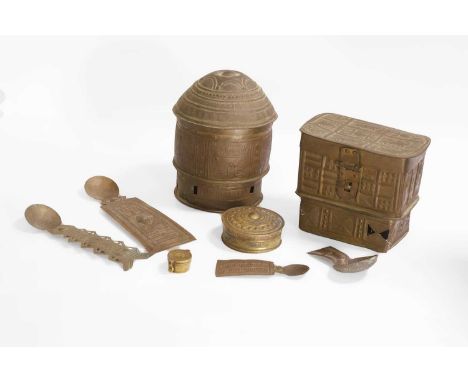 A collection of metalwares, comprising:a forowa vessel, Asante, Ghana, 20th century,17cm high,a similar example, of rectangul