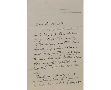 John Ruskin (1819-1900), a group of fourteen signed letters, recipients to include Dr Attwell, Mr Learoyd, Butler, Miss Mille