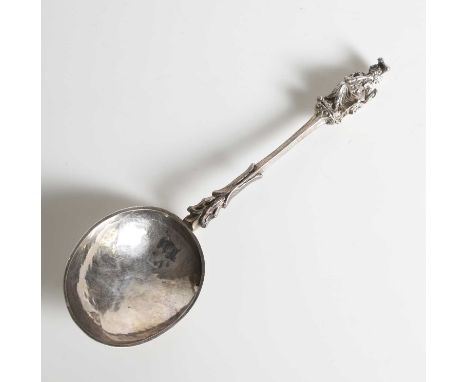 A 17th-century Dutch silver spoon, c.1667, the cast finial depicting a seated figure holding a sceptre, over a faceted and ca
