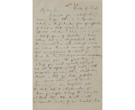John Ruskin (1819-1900), a signed letter, addressed to 'My dear Sir', giving advice on how best someone with ill health might