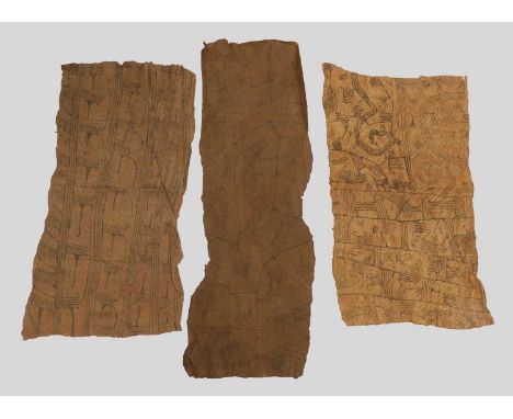 A group of five African bark cloths, 20th century, Democratic Republic of the Congo, Mbuti, each painted with monochrome geom