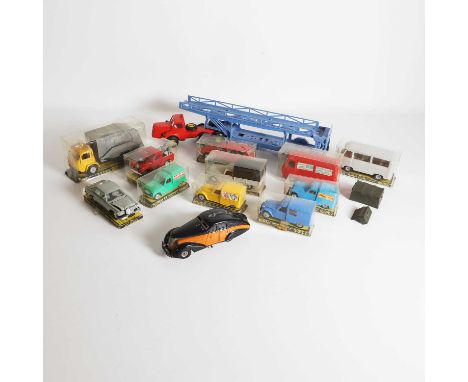 A collection of toy cars, 20th century, comprising thirteen cars, trucks and lorries, most examples manufactured by Norev, ex