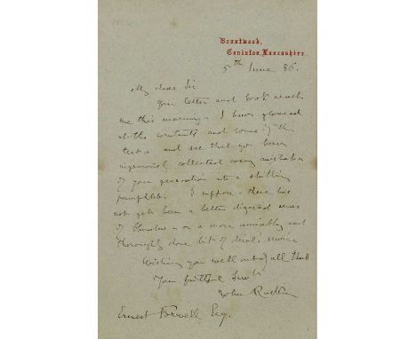 John Ruskin (1819-1900), a group of five signed letters, comprising:a letter addressed to HJR Cotton,a letter to Ernest Foxwe