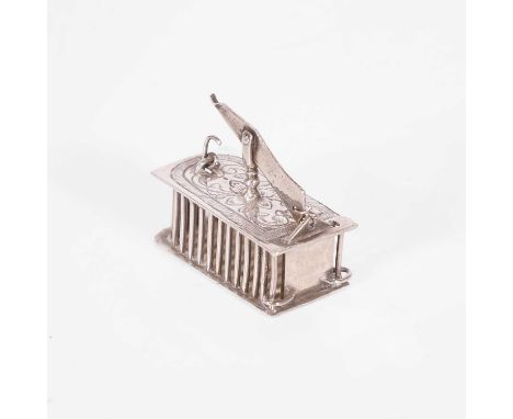 A Dutch silver miniature mousetrap, by Arnoldus van Geffen, 18th century, with chased decoration, tested as silver4cm wideCon