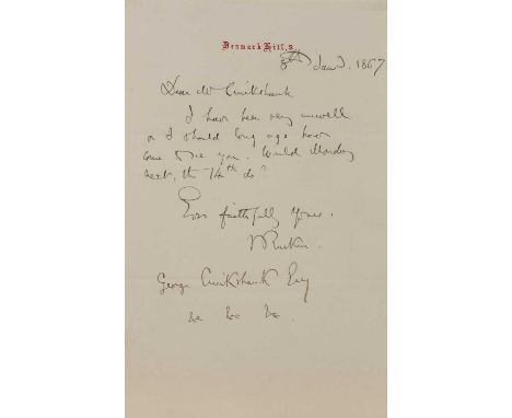 John Ruskin (1819-1900), a group of four signed letters:the first addressed to Mr Cruikshank, 8th January 1867, stating 'I ha