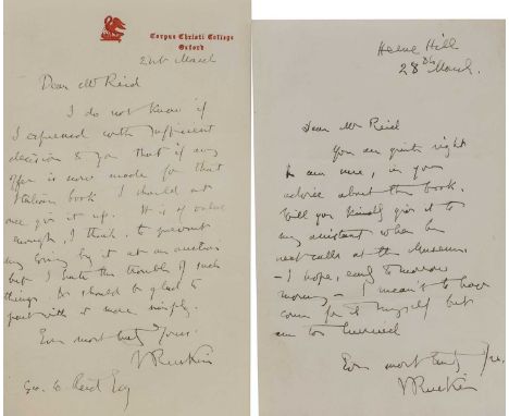 John Ruskin (1819-1900), a group of signed letters,four addressed to Mr Reid, discussing a book received,another to Mr Reid, 