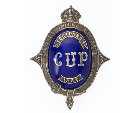 1882 Scotland Cup shooting prize award.   A magnificent large badge comprising a crowned oval silver NEMO ME IMPUNE LACESSET 