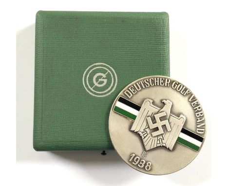 German Third Reich cased 1938 Golf award to an Englishman.   Fine rare circular silver example bearing eagle and swastika on 