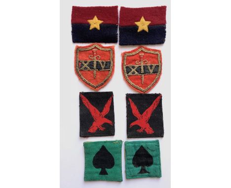 Indian Army. 8 WW2 formation signs.   Pair GHQ India (embroidered) ... Pair 14th Army (bullion embroidered) ... Pair 4th Divi