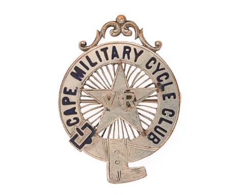 South Africa. Cape Military Cycle Club Victorian badge   Good rare silver plated title strap, the letters inlaid with blue en