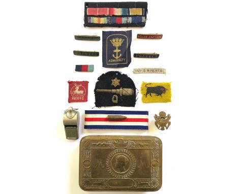 1914 Christmas tin and badges.   Tin ... Herts cloth Scouts badge ... Admiralty cloth Girl Guides badge, 4 Prefect/House Capt