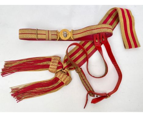 Victorian Infantry Officer Levee Dress Waist Belt and Sash.   A fine set. Comprising: narrow belt of gold-laced crimson leath