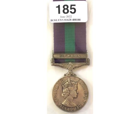 Royal Signals General Service Medal, clasp CYPRUS.   Awarded to 2341821 SIG D.J.F. SLATER  R. SIGNALS. 