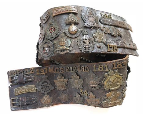 Canadian Army WW1 Trophy belt.   A fascinating Great War era time capsule. Broad leather example bearing 56 assorted CEF cap 