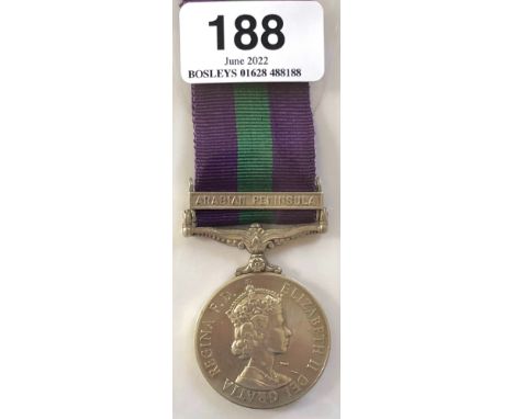 Royal Army Ordnance Corps General Service Medal, clasp ARABIAN PENINSULA.   Awarded to 23148757 PTE C FEENEY RAOC. 