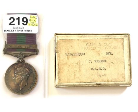 Parachute Brigade, Royal Army Service Corps General Service Medal, clasp PALESTINE 1945-48   Awarded to T.14111990 DVR J WARI