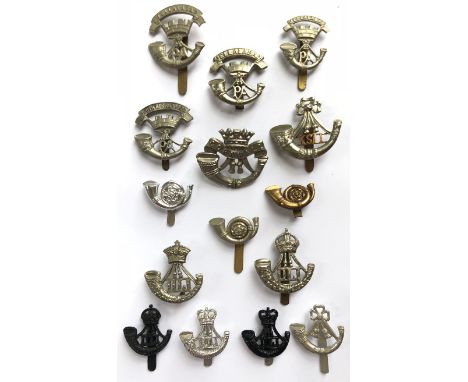 Light Infantry Regiments. 15 various cap badges.   Somerset LI  (2 x cap, beret and 4th &amp; 5th Bns. loops replaced with sl