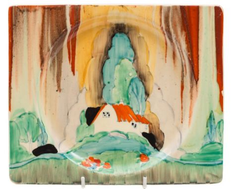 A Clarice Cliff Biarritz Forest Glen pattern plate: decorated in shades of green and orange on a streaky background, Biarritz
