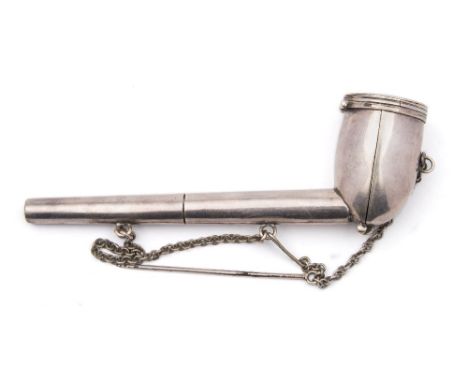 A 19th century silver plated pipe carrying case: with hinged lid and folding flap for the bowl and tubular stem with cleaning