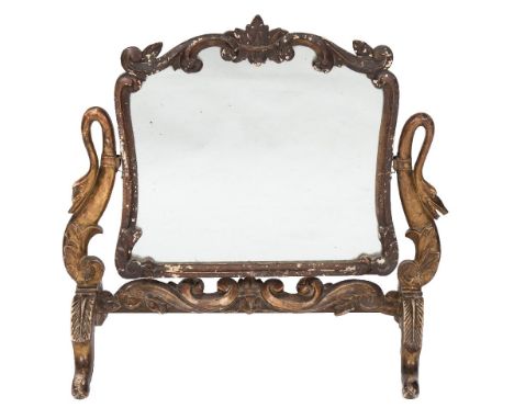 A 19th Century French carved giltwood swing frame toilet mirror:, the cartouche-shaped plate in foliate scroll surround, havi