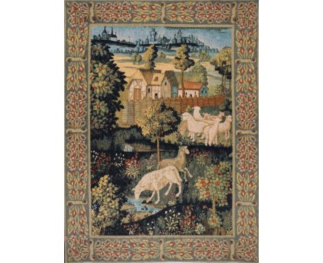 A pair of tapestry panels in Aubusson style:, one depicting a shepherdess playing the lute and sheep in a landscape with dist